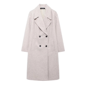 Women's 2024 autumn long loose double-breasted wool coat in oatmeal grey with lapels