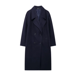 Detail view of navy blue double-breasted long coat with classic lapel and pockets