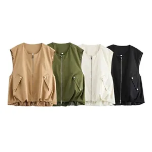 Women's outdoor casual zip-up vest with V-neck, flap pockets, and elastic hem in four colors