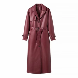 Women street fashion burgundy long faux leather coat with classic lapel and waist belt