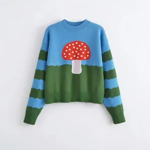 Women Casual Knit Sweater Round Neck Long Sleeve Color Block Mushroom Pattern Pullover Top Fashion Streetwear Knitwear