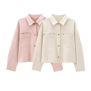 Women Suede Texture Short Jacket Long Sleeve Polo Collar Solid Color Single Breasted Utility Jacket With Flap Pockets Outerwear