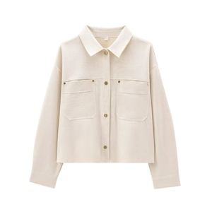 Women's cream white fleece shirt jacket with gold buttons and large front chest pockets