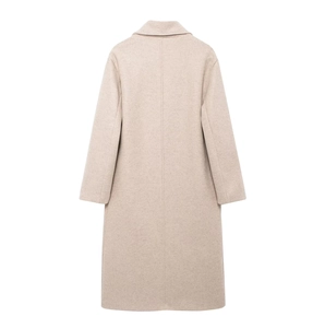 Rear view of long beige wool coat for women featuring a classic straight cut and premium seams