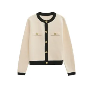 Women Vintage Contrast Trim Knit Cardigan Elegant Round Neck Long Sleeve Sweater Jacket With Gold Buttons For Work Office