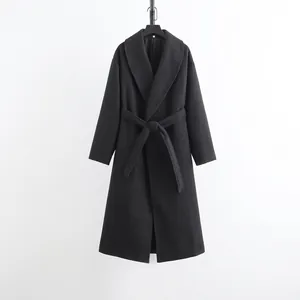 Women's Long Woolen Style Coat Shawl Collar Slim Fit Belted Solid Color Autumn Winter Outerwear Jacket