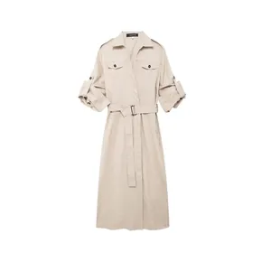 Robe Midi Chemise Femme Style Trench Élégante Avec Ceinture Kaki Manches Longues Revers Boutons Robe Pour Automne Quotidien Décontracté