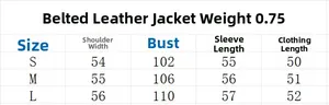 Size chart for washed faux leather jacket showing measurements for S, M, and L sizes