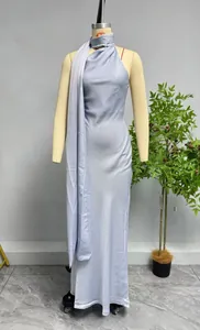 Detail view of light purple satin halter maxi dress with matching elegant neck scarf