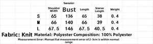 Size guide for the mock neck knit sweater showing S to L measurements and fabric details