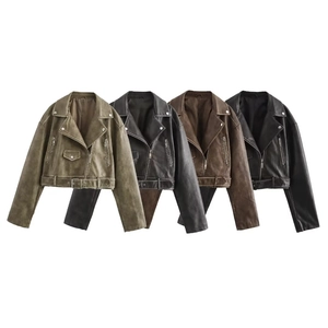 Detailed view of women's biker leather jackets in moss green, brown, and black colors