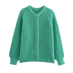 Cardigan in maglia grossa verde menta con scollo rotondo rifinito e maniche a palloncino
