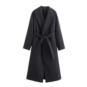 Women's chic black long woolen coat with shawl collar and adjustable waist tie belt