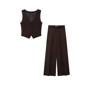 Gilet à Col en V Simple Boutonnage Fente Latérale et Pantalon Long Jambe Large Taille Haute avec Ceinture Marron Foncé Femme