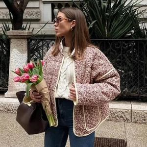 Women Vintage Quilted Floral Print Jacket Stand Collar Padded Cotton Coat Streetwear Casual Warm Outerwear For Autumn Winter
