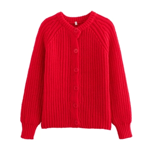 Cardigan chic in maglia grossa rossa da donna con maniche lunghe e chiusura a bottoni