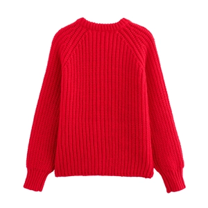 Maglione da donna rosso a maglia grossa con girocollo e trama a coste verticali moda
