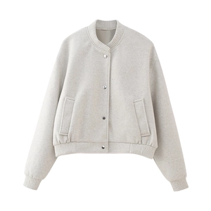 Detail of soft light gray wool bomber jacket showing textured fabric and ribbed knit collar
