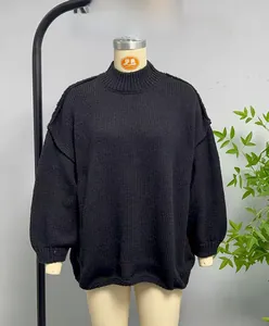 Detail of black chunky knit sweater featuring high neckline and ribbed texture on mannequin