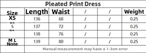 Size chart table for sleeveless printed pleated dress showing XS to L measurements