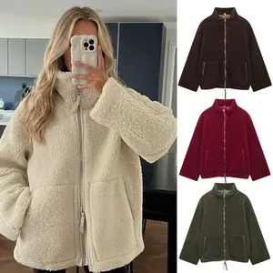 Veste Polaire Sherpa Ample pour Femme Col Montant Fermeture Éclair Vêtements d'Extérieur Chauds Grandes Poches Streetwear Décontracté Manteau Teddy d'Hiver