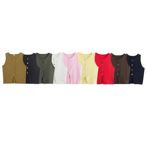 Gilet en Tricot pour Femme avec Boutons Sans Manches Col Rond Coupe Slim Débardeur Court Hauts Cardigan en Tricot Côtelé
