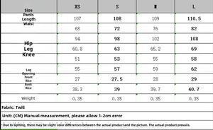 Size chart showing measurements for split design vest and pants set from XS to L