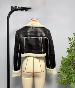 Back view of a cropped black faux leather aviator jacket with white faux fur lining and collar
