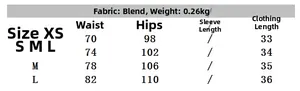 Size guide for women's jacket and mini skirt set with fabric and weight details