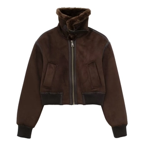 Detailed view of dark brown faux suede aviator jacket with cozy faux shearling collar