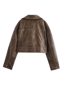 Back view of a vintage dark brown oversized faux leather jacket with drop shoulders