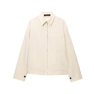 Light beige zip-up jacket with lapel collar and lantern sleeve mini skirt set for women