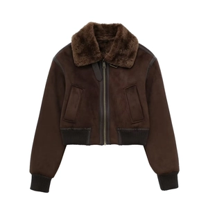 Detail of a brown suede bomber jacket featuring a plush fur collar and ribbed knit cuffs