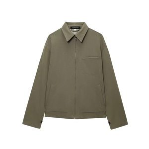 Olive green casual zip-up jacket with turn-down collar and chest pocket design
