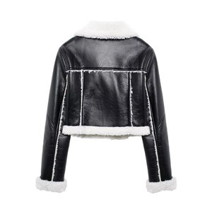 Back view of women's black leather biker jacket with white shearling trim details