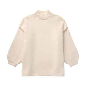 Detail of off-white mock neck knit sweater showing ribbed texture and chunky yarn finish