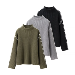 Women's turtleneck knit sweater with contrast stitching in olive green, grey and black
