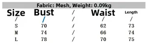 Detailed size chart for mesh shell print bodysuit with S-L measurements and weight info