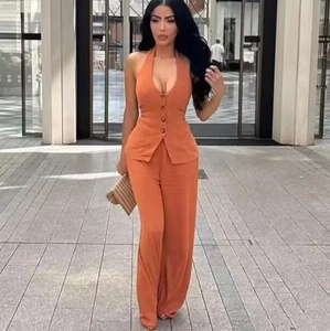 Women's Western Style Cotton Linen Halter Tie-Back Top And Wide Leg Pants Top And Bottom Set Streetwear Casual Suit