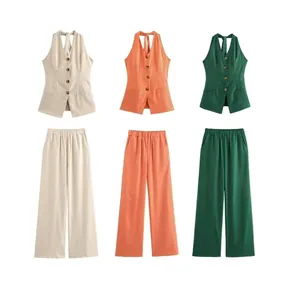 Women summer 2-piece set with halter vest and wide leg trousers in three colors