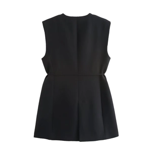 Detail view showing back slit and waist belt of black sleeveless women's long vest