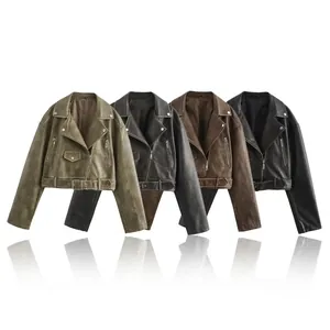 Women Faux Leather Biker Jacket Long Sleeve Lapel Neck With Belt Short PU Motorcycle Coat Autumn Winter Outerwear