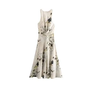 Elegant Sleeveless Ink Wash Abstract Print Pleated Midi Dress For Women Summer Artistic A-Line Party Vestido