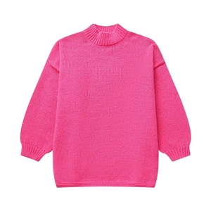 Close-up of pink knit sweater showing mock neck, lantern sleeves and textured stitch