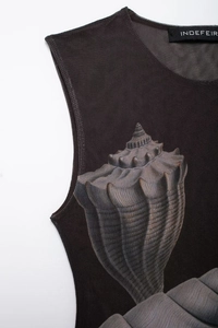 Detailed view of semi-transparent black mesh fabric with a realistic seashell print