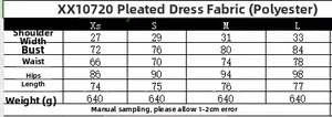 Size chart table for loose ruffled dress showing measurements for XS S M L sizes