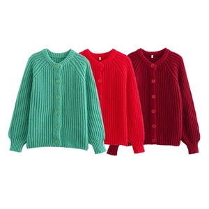 Cardigan in Maglia Grossa Girocollo da Donna Manica Lunga Tinta Unita a Costine con Bottoni Maglione Streetwear per Autunno Inverno