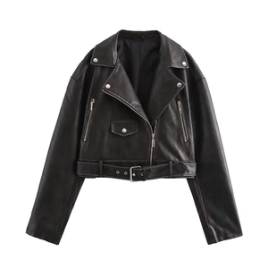 Women's black washed faux leather biker jacket with asymmetric zipper and adjustable belt