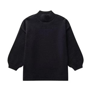 Close-up of black knit sweater featuring a mock neck design and fine ribbed texture