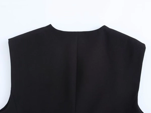 Close-up of black sleeveless top neckline showing fine woven fabric texture and clean cut